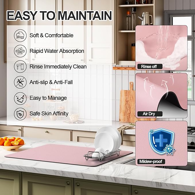 Ecotrim - Dish Drying Mat for Kitchen Counter | Coffee Bar Mat for Countertops | Heat Resistant Drainer Mat with Non-slip Rubber Backed | Hide Stain Kitchen Absorbent Draining Mat | Pink 16"x20"
