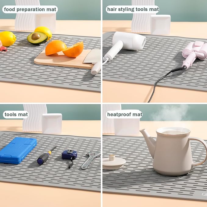 Extra Large 30 x 24 Inch Silicone Dish Drying Mat for Dish Drying Rack, Easy Clean Silicone Drying Mat for Kitchen Counter, Non-Slip Dish Drain Matt, Heat Resistant Silicon Dish Mat, Gray, SAPID