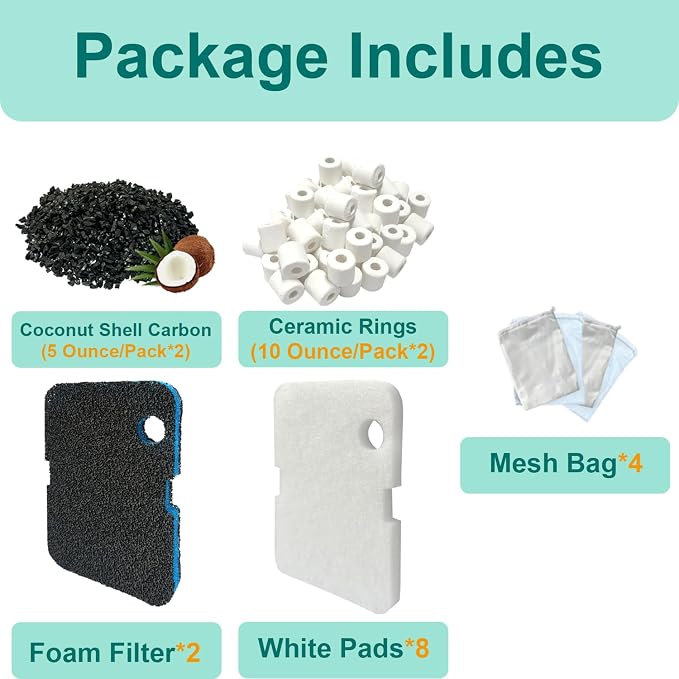 16 Pack Aquarium Filter Media Set Replacement for Penn-Plax Cascade 700 & 1000 Canister Aquarium Filters, Includes Bio Sponge Filters, White Floss Pads, Activated Carbons, Ceramic Rings & Mesh Bags