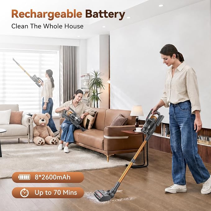 TechRise Cordless Vacuum Cleaner,55Kpa 650W 70-Min Stick Vacuum with LED Display,Anti-Tangle Brush & 8-in-1 Filter,Handheld Convertible,Multiple Charging,Vacuum Cleaners for Home/Pet Hair/Carpet/Floor