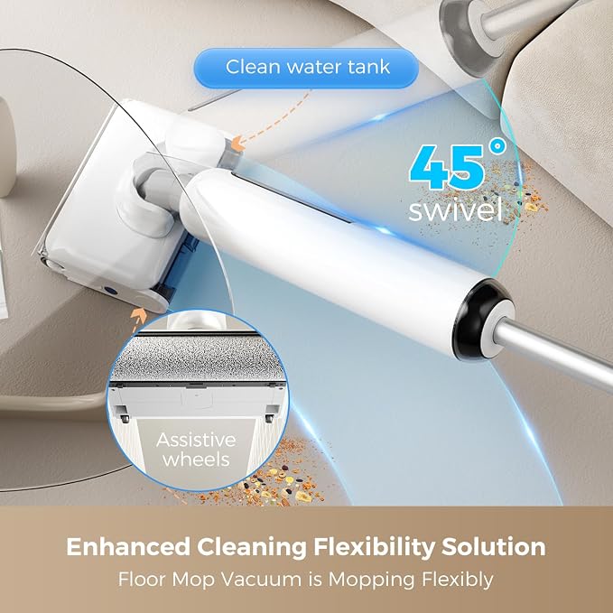 Wet Dry Vacuum Cleaner, Cordless Vacuum Mop Combo for Hard Floors, 23000Pa Powerful Suction, 180° Lay-Flat, Self-Cleaning Floor Washer with 45 Min Runtime, Anti-Tangle Brush, Dual Tank