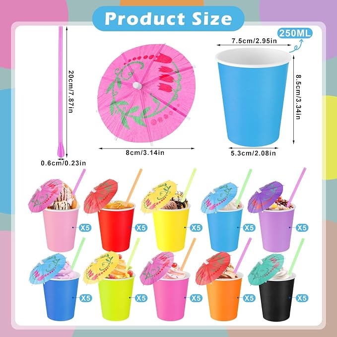 150 Pcs Colorful Disposable Paper Slushie Cups with Spoon Straws and Cocktail Drink Umbrellas, Hot Cold Food Paper Cups for Summer Hawaiian Pool Party, Sundae Ice Cream Party Supplies