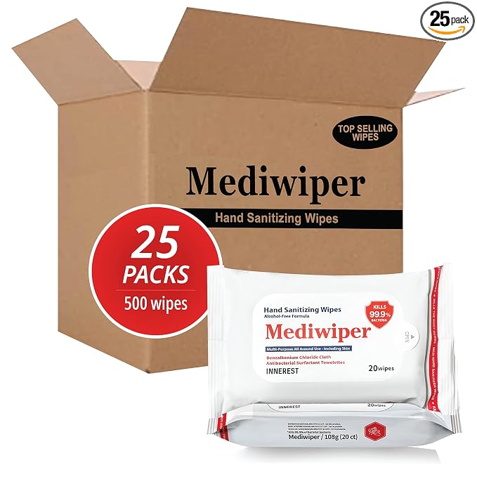 Mediwiper 500 Wipes (20Count*25Pack) Alcohol-Free Sanitizing Wipes Multi-surface Cleaner Large Unscented Wet Wipes Bulk, Hand Wipe Cleaning Cloth for School Business