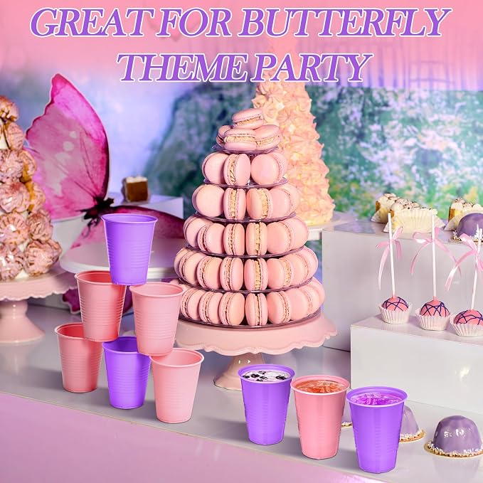 Funnymoom 100 Pcs 12 oz Pink and Purple Disposable Plastic Cups Butterfly Sleepover Party Beverage Cups for Holiday Wedding Butterfly Birthday Party Supplies