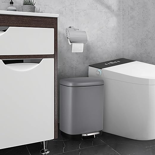 12L Bathroom Trash Can with Lid, Stainless Steel Kitchen Trash Can with Odor-Protective Lid | Hands-Free, with Foot Pedal and Trash Bag Ring, Removable Inner Bin, Suitable for Bathrooms, Gray