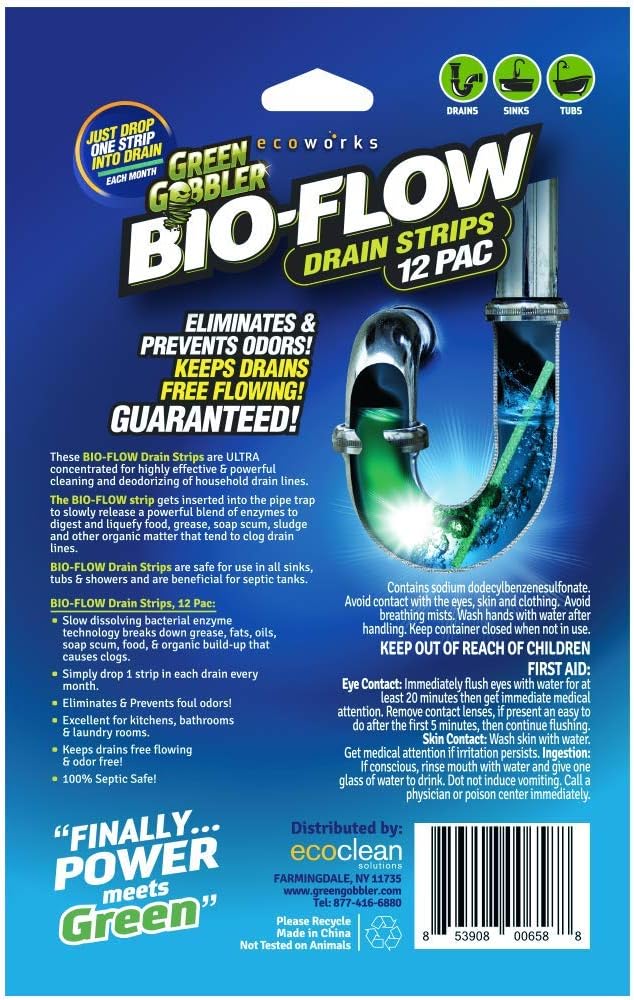 Green Gobbler Lemon Scent Bio Flow Drain Deodorizer Strip, 1.47 Ounces (Pack of 12)