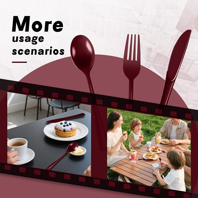 Plastic Silverware 150 PCS Disposable Silverware Heavy Duty Utensil Sets 50 Of Each Forks Knives & Spoons Disposable Cutlery Set For Easter,Birthday,Baby Shower,Garden Party,Wedding(150,Burgundy)