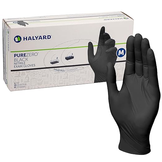 HALYARD PUREZERO Black Nitrile Exam Gloves - 5.1 Mil Case of 1000, Large - Heavy Duty Powder Free Disposable Gloves - Textured Industrial Medical Tattoo Cleaning Food Prep