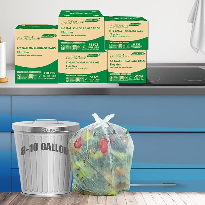 BEIDOU-PAC 8-10 Gallon Flap Tie Compostable Trash Bags, 60 Count, Compost Bags Kitchen Trash Bags, Sturdy Biodegradable Garbage Bags Food Scrap Waste Bags, ASTM D6400, US BPI Certified