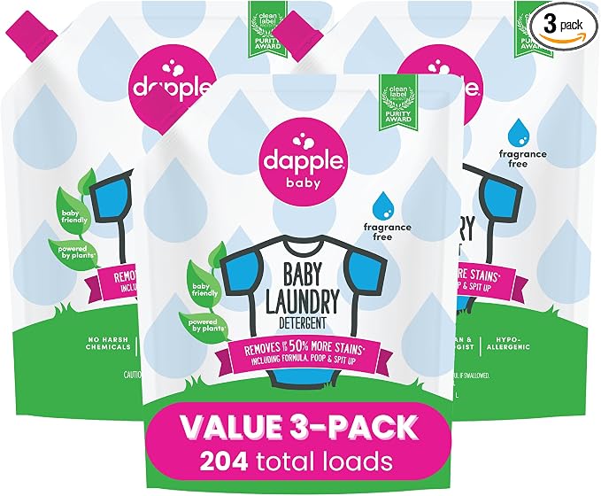 Dapple Baby Laundry Detergent, Powered by Plants, Concentrated, Hypoallergenic, Fragrance Free, Eco-Friendly Pouch, Stain Remover, 34 Fl Oz (3 Pack)