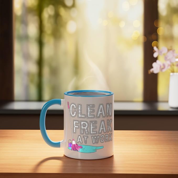 Clean Freak at Work Cleaning Ceramic Mug, Blue/White