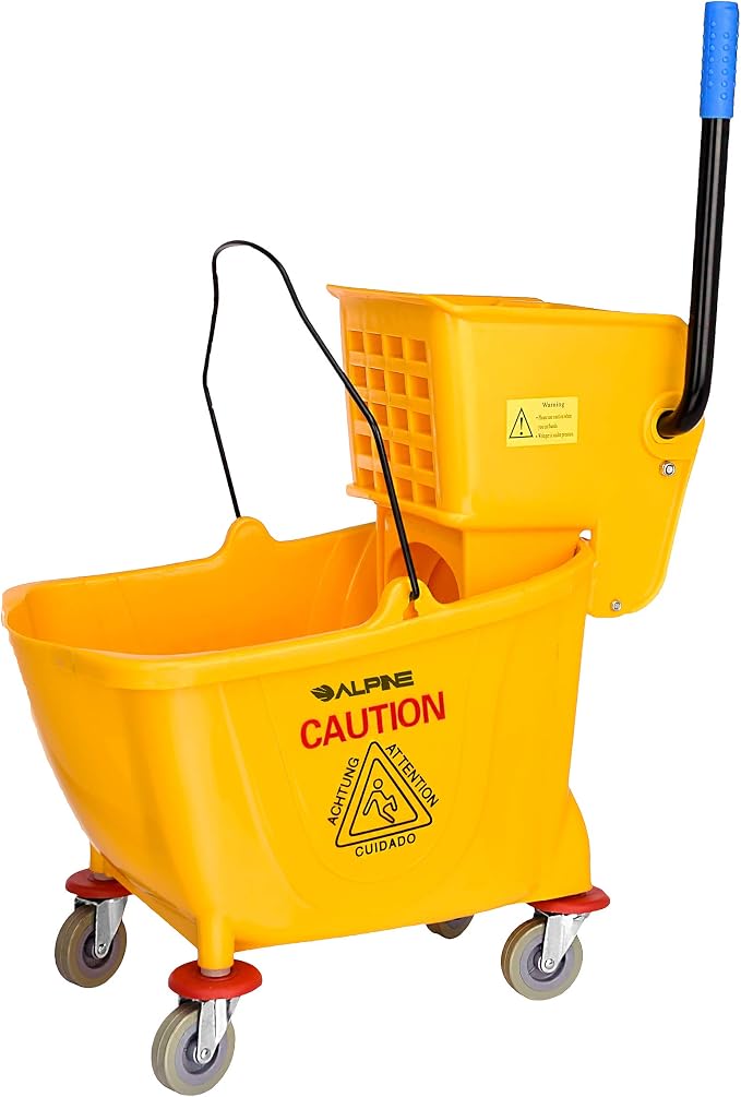 Alpine Mop Bucket & Side Wringer Combo - Heavy Duty & Commercial Janitorial Cart w/Spring Wringer on Wheels for Home & Industrial Cleaning - Commercial Mop Bucket for Business, Yellow