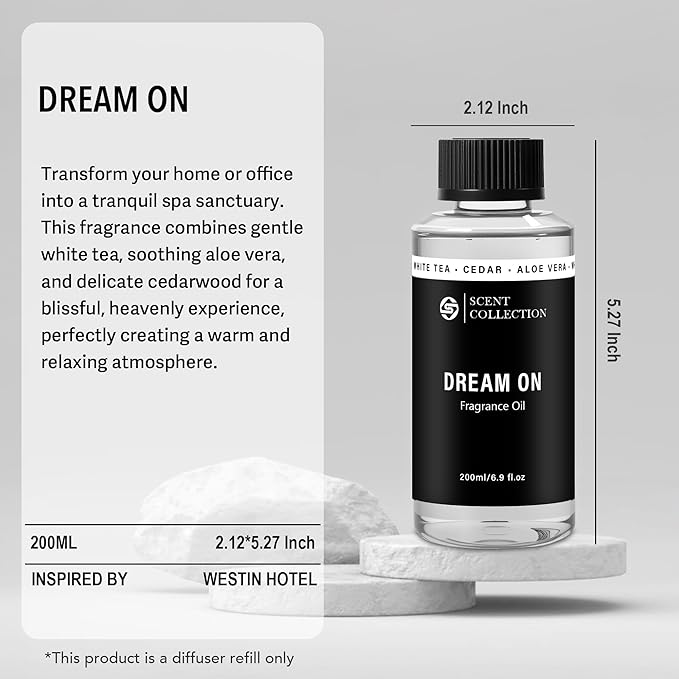 Luxury Hotel Scent Dream On 200ml Diffuser Oil Waterless Essential Aromatherapy for Cold Air & Car Diffusers – Long Lasting Refill for Large Room & Home - Signature White Tea (200ml/6.76Fl oz)