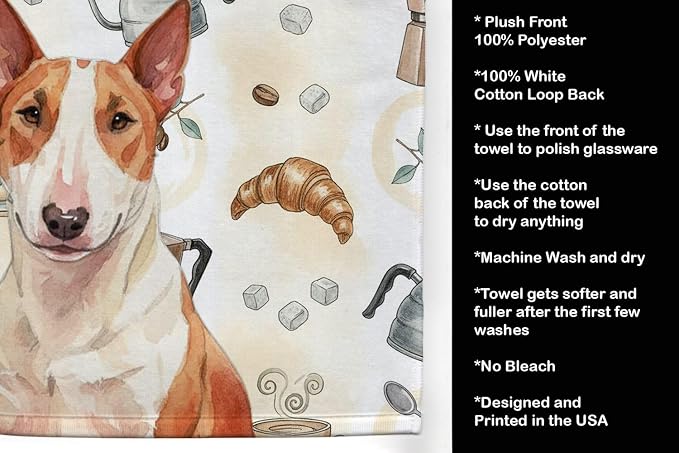 Caroline's Treasures Red and White Bull Terrier Coffee Bar Kitchen Towel Velour Plush Front and Cotton Loop Back Machine Washable
