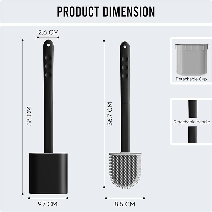 Modern Minimalist Silicone BlackToilet Brush and Holder Set – Pack of 1 Wall Mounted Toilet Bowl Brush – Long Non-Slip Handle, Flexible Bristles for Self-Cleaning & Splash-Free, Easy-Rinse Design