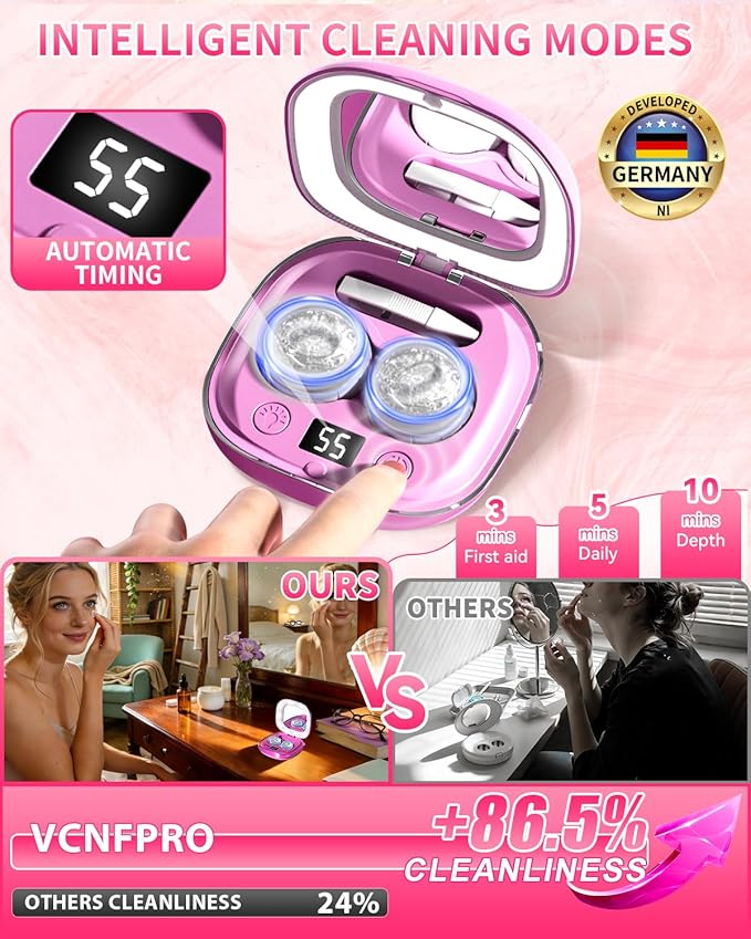 2025 Upgraded Ultrasonic Contact Lens Cleaner【50KHz Germany Super Motor】【Top1 Intelligent Chip-Smart Modes】 Gentle Cleaning & 99% Brightness, Portable Contact Lens Tools Home Travel Use (Purple)