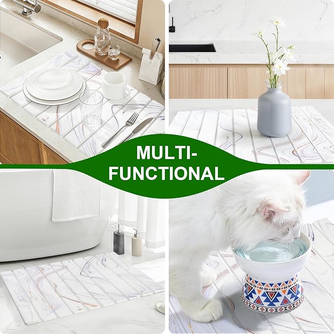 Large Stone Drying Mat for Kitchen Counter, Collapsible Stone Dish Drying Mats, Water Absorbing Diatomaceous Earth Drying Stone for Kitchen Counter, Kitchen Dish Drying Stone Mat, 24"×16" (White)