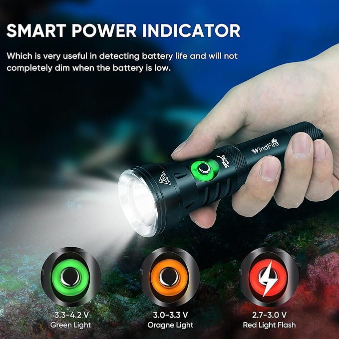 WINDFIRE High-Power Dive Lights Scuba Diving Flashlight – IPX8 Waterproof Underwater Flashlight with Power Indicator, 4 Modes, Ultra-Bright Dive Torch for Night Diving & Ocean Exploration