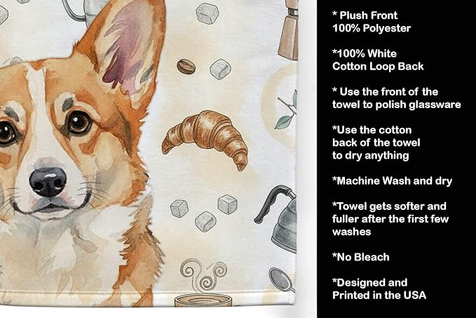 Caroline's Treasures Corgi Coffee Bar Kitchen Towel Velour Plush Front and Cotton Loop Back Machine Washable
