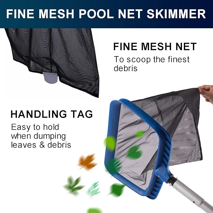 POOLAZA Pool Net Skimmer with Sturdy Frame &17.5" Professional Pool Brushes & Durable Fine Mesh Pool Net Skimmer
