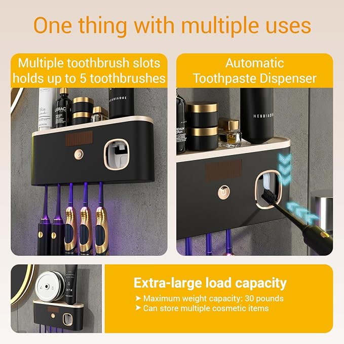 TOOVERA Toothbrush Cleaner and Holder with UVC Light & Automatic Toothpaste Dispenser, 5-Minute Cleaning, Large Capacity Battery with Solar/Wired Charging, Wall Mounted for Bathroom