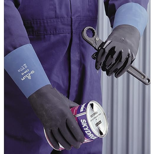 SHOWA CHM Neoprene Over Natural Rubber Latex Chemical Resistant Safety Glove with Cotton Flock Liner, Food Safe, 26 Mil Thick, 12" Length, Medium (12 Pair)