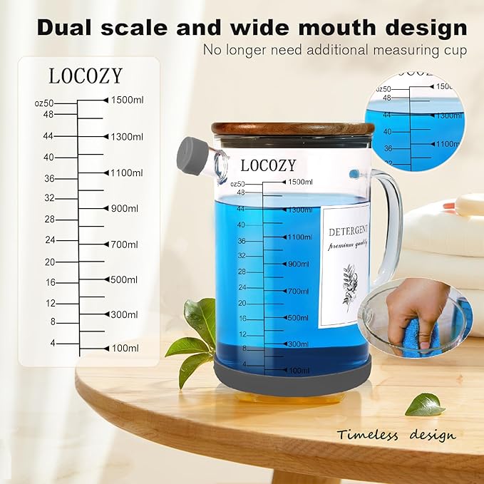 2-Pack 50oz Glass Laundry Detergent Dispenser with Acacia Wood Lid - Airtight Design, Dual oz/ml Scales | Laundry Room Organization & Storage for Fabric Softener, Beads, Powder, Bleach