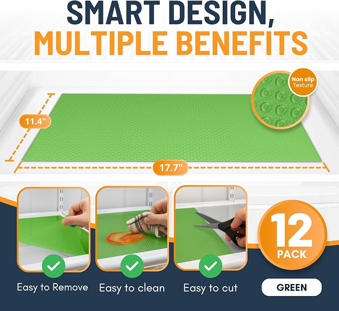 Refrigerator Liners for Shelves (12 Pack) by Linda’s Essentials - Non-Adhesive Shelf or Drawer Liner, BPA-Free Fridge Mats for Kitchen & Cabinets, Easy to Clean, Ideal Household Essentials (Green)