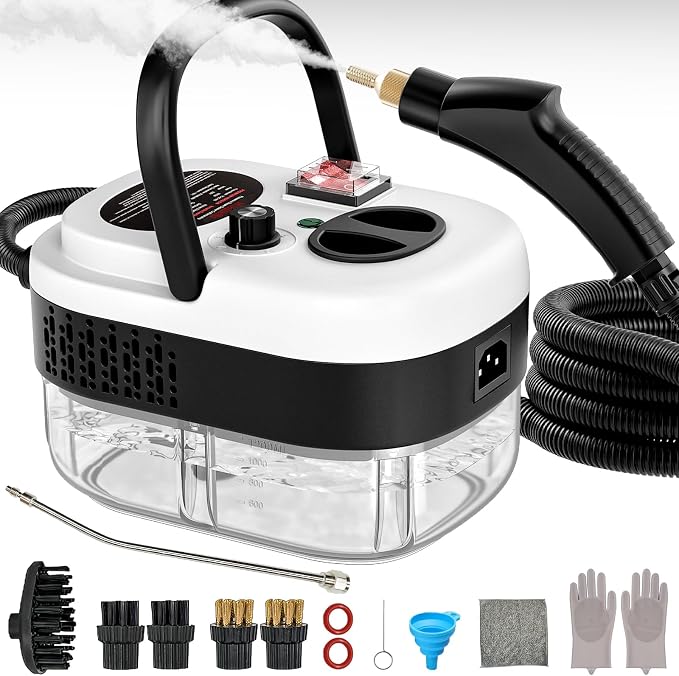Portable High-Pressure Handheld Steam Cleaner, 14-Piece Accessories, 6 Steam Levels, 15s Heat-Up,chemical-free Cleaning Tile, Grout, Dirt, Grease & Car Detailing(white＆Black)