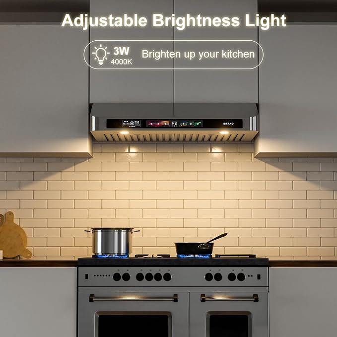 BRANO 30 Inch Under Cabinet Range Hood with Voice/Gesture/Touch Control, 900 CFM Kitchen Vent Hood with 4-Speed Exhaust Fan, Stainless Steel Stove Hood with LED Lights, Baffle Filters