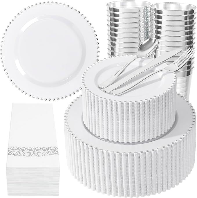LIYH 350 Pcs Plastic Dinnerware Set for 50 Guests - White Silver