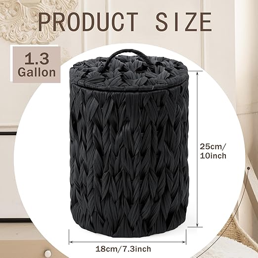 Ctosree 1.3 Gallons Small Trash Can with Lid Handle Boho Woven Braided Bathroom Waste Basket Trash Can with 100 Garbage Bags for Bedroom Office Laundry(Braided Polypropylene, Black)