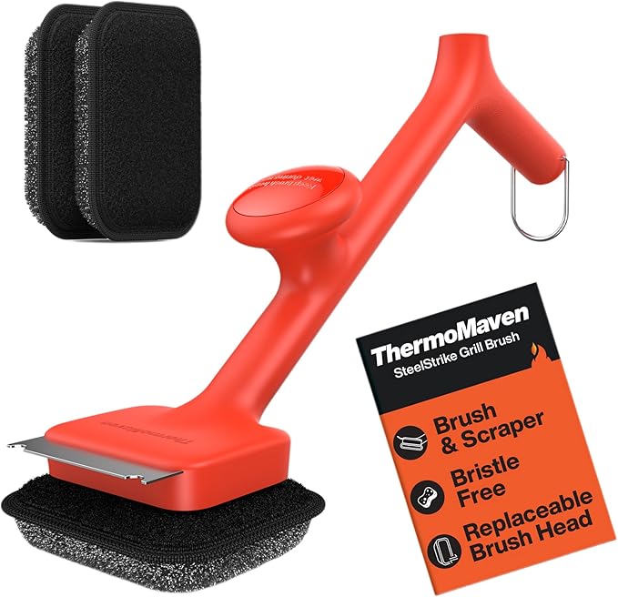 ThermoMaven Bristle-Free BBQ Grill Brush - No Wire Risk Steam Cleaner Removes Burnt Grease Fast - 17" Cool-Touch Handle, Scraper & 3 Replaceable Heads for Gas, Charcoal & Cast Iron