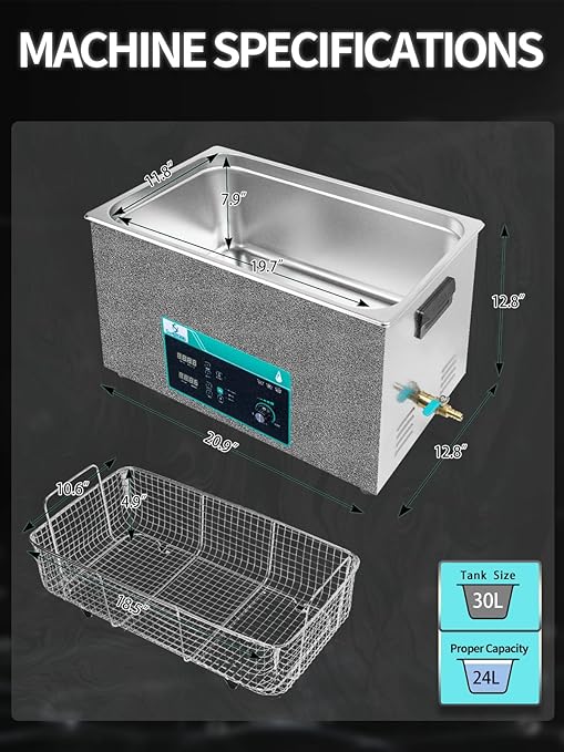 Ultrasonic Cleaner 30L, Sweep Function, 600W Power Adjustable Ultrasonic Parts Cleaner for Cleaning Pistols, Metal Engine Parts, Carburetor, Gun, Oil Filter, Bike Chain, Gear, Eyewear