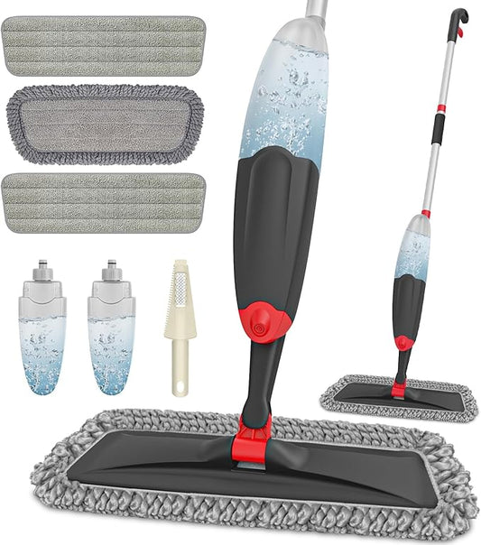 HOMTOYOU Spray Mops for Floor Cleaning with 2 Bottles and 3 Pads