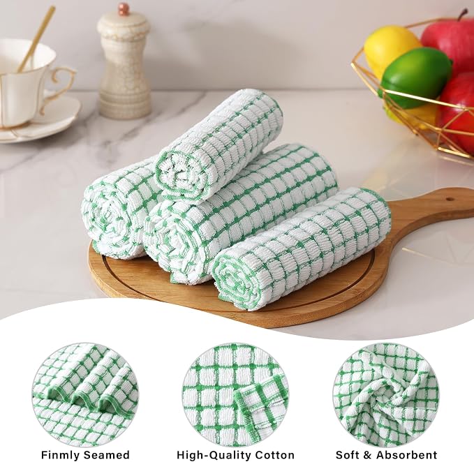 Kitinjoy Cotton 16 Pack Kitchen Towels and Dishcloths Sets, 16 x 25 Inch & 12 X 12 Inch Dish Towels Bulk, Super Soft and Absorbent Hand Towels for Kitchen Drying, Green