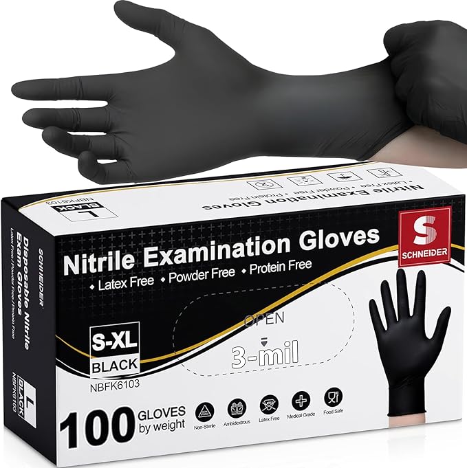Schneider Nitrile Exam Gloves, Black Latex Free Powder Free Disposable Gloves for Medical, Cooking, Cleaning, and Food Prep