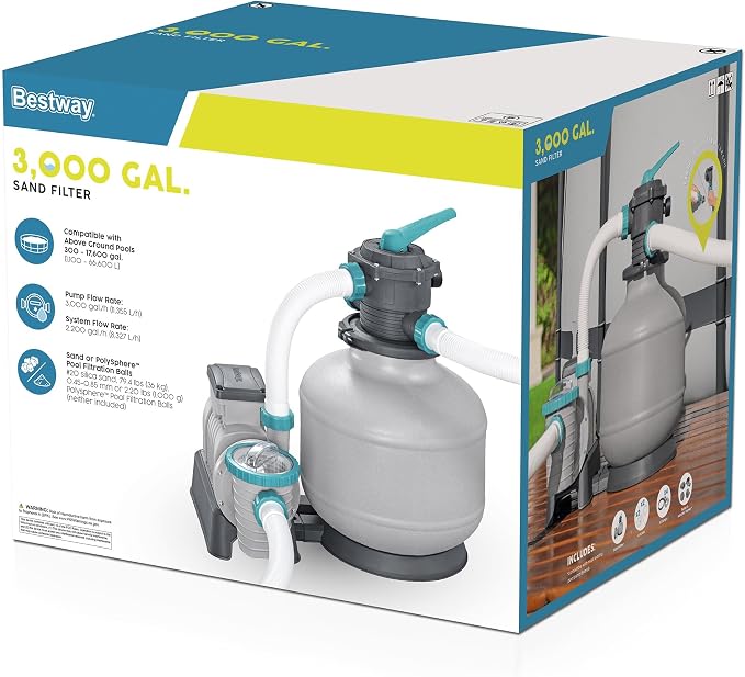 Bestway 3,000 Gallon Sand Filter Pool Pump for Above Ground Swimming Pools up to 17,600 Gallons with Pre-Filter Strainer Basket & Valve Adapter Set