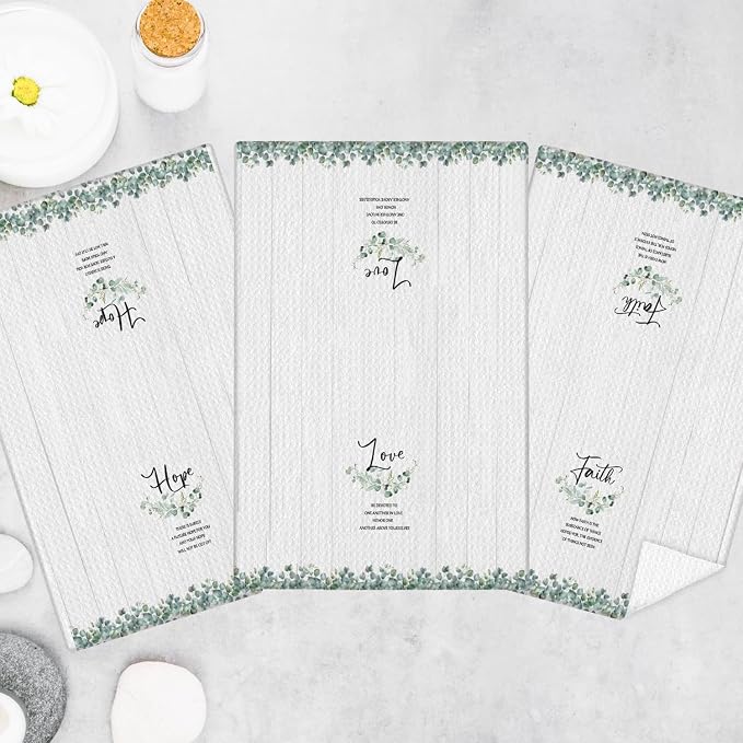 Faith Hope Love Christian Kitchen Towels, Sage Green Eucalyptus Religious Hand Towels for Bathroom Decor, Bible Verse Decor Dish Tea Towels for Kitchen Decor, 16x24 Inch Set of 3