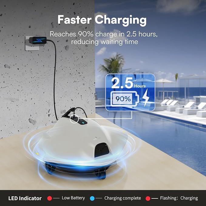 PoolMr Cordless Robotic Pool Cleaner - Above Ground Pool Vacuum Robot - 40W Strong Suction, Dual Cleaning System, Barrier Crossing, 120-Min Runtime Up to 1614 Sq for Above Ground Pools,Off-White