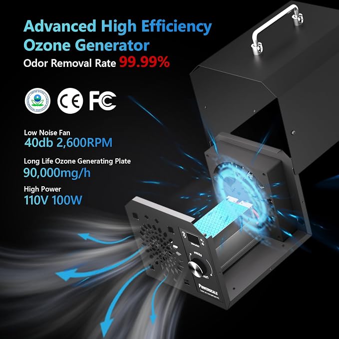 PowerScale Ozone Generator 90,000mg/h O3 Intelligent Control Ozone Odor Eliminator Commercial Ozone Machine Odor Removal, For Home, Car, Pet Room - High Capacity Ionizer Ozone Air Purifier, Black