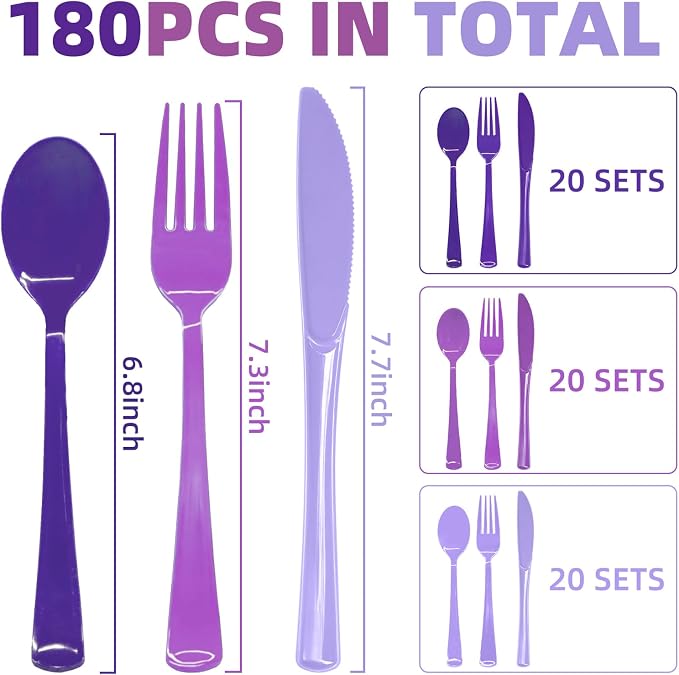 180 PCS Purple Plastic Silverware Heavy Duty Purple Plastic Cutlery Set Disposable 60 Forks, 60 Knives, 60 Spoons for Birthday, Wedding, Picnic, Baby Shower