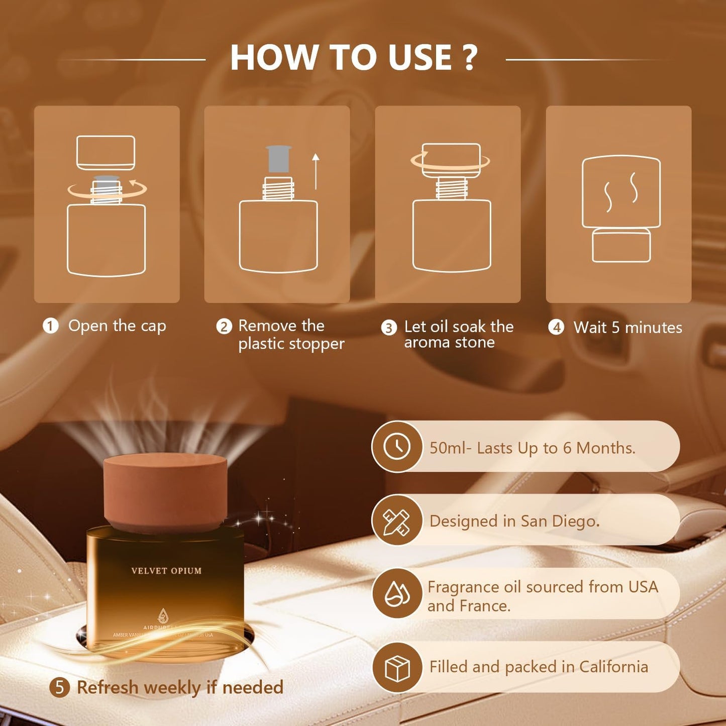 Car Air Freshener Spicy Sandalwood Fragrance Oil Diffuser for Cup Holder with Aroma Stone Cap, Long Lasting Scent Inspired by Luxury Perfume, Made in USA, 1.7 Fl Oz / 50ml