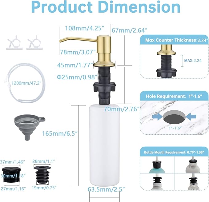Built in Sink Soap Dispenser with 47'' Tube for Kitchen Sink Brushed Champagne Gold Stainless Steel Pump Head with 17 OZ Bottle