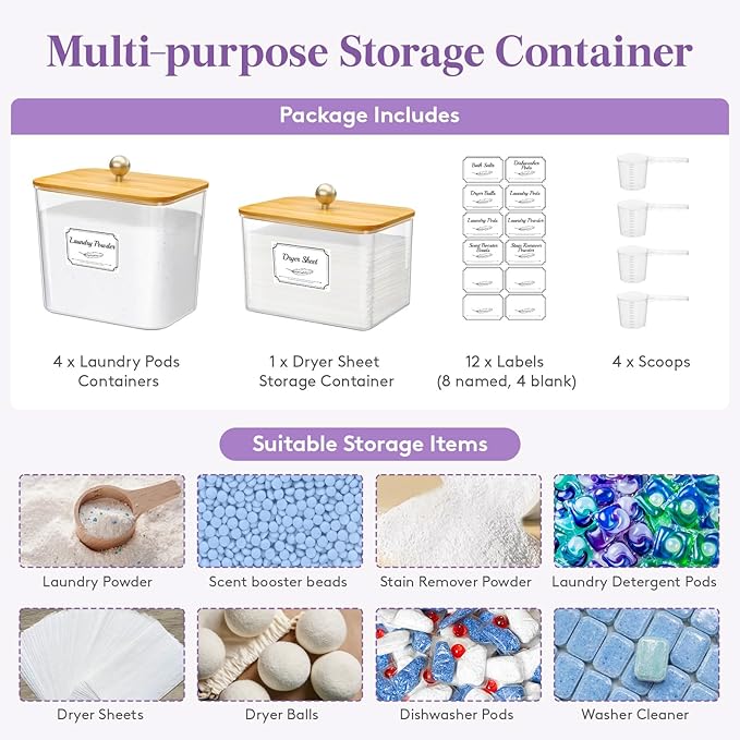 Lifewit Laundry Pods Container with Lid, Dryer Sheet Holder, Room Organization Storage for Coffee Pods Kcup Washing Powder, Scent Booster Beads, 2600 +2000ml/0.53+0.7gal，Natural,5 Pcs