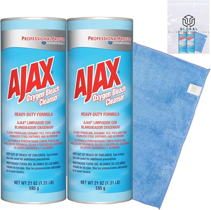 Ajax Professional Heavy Duty Oxygen Bleach Powder Cleanser 21 Oz (Pack of 2) bundled with Micro Fiber Cloth