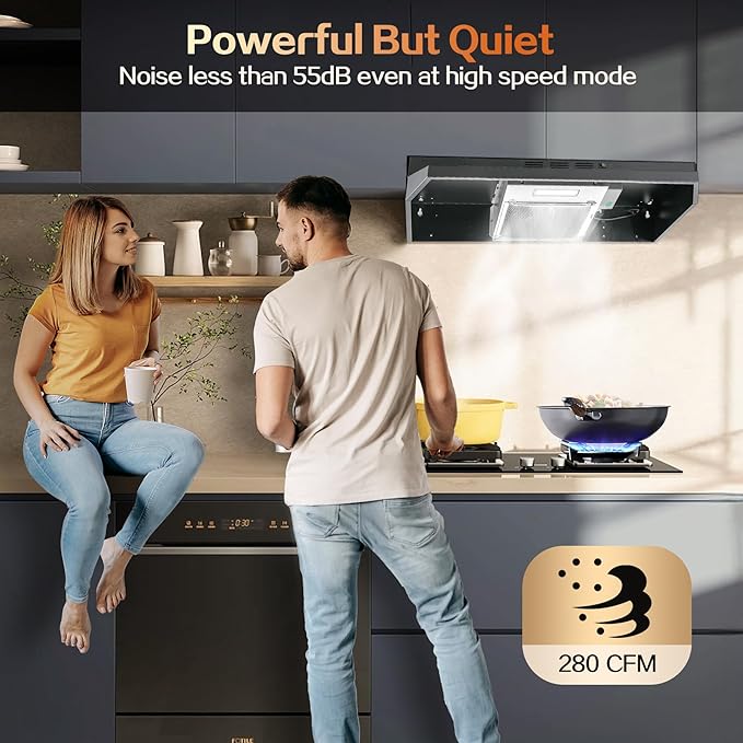 24 inch Range Hood Under Cabinet, Black Kitchen Hood 280CFM, Ducted/Ductless Vent Hood with Rocker Button Control, Stove Hood with 2 Speeds Fan, Bright LED Light