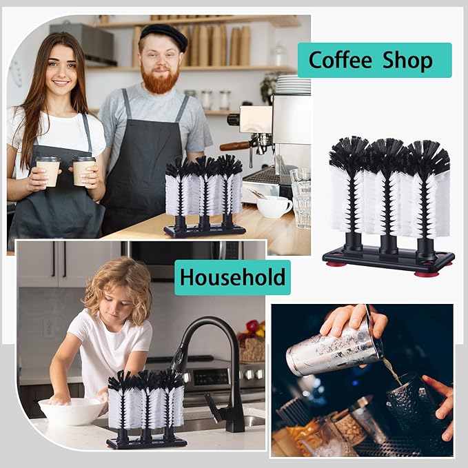 Havawish 3 Pack Water Bottle Cleaning Brush with Suction Base, 3 Head Bristle Bar Glass Washer for Sink, Cup Washer Brush Cleaner for Bar Beer Cup, Wine Glass(7.3 x 3.7 x 7.5)