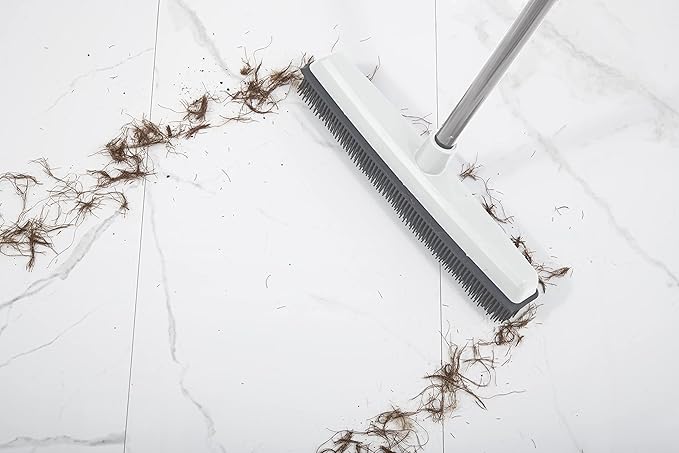 Rubber Bristle Broom for Hardwood Floors, Tiles, Carpets, Wood, and Vinyl Salon Broom, Rubber Squeegee Broom, Rubber Rake for Human Hair, Pet Hair, Fur, Lint, Liquid, Grey, by Superio (Head Only)