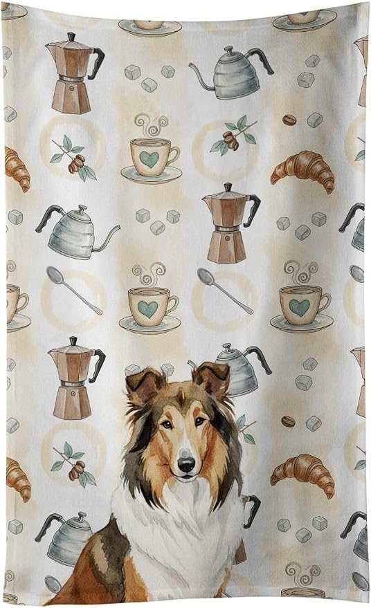 Caroline's Treasures Sable Collie Coffee Bar Kitchen Towel Velour Plush Front and Cotton Loop Back Machine Washable